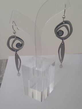 Modern Silver/Black Dangle Earrings with Grey Bead